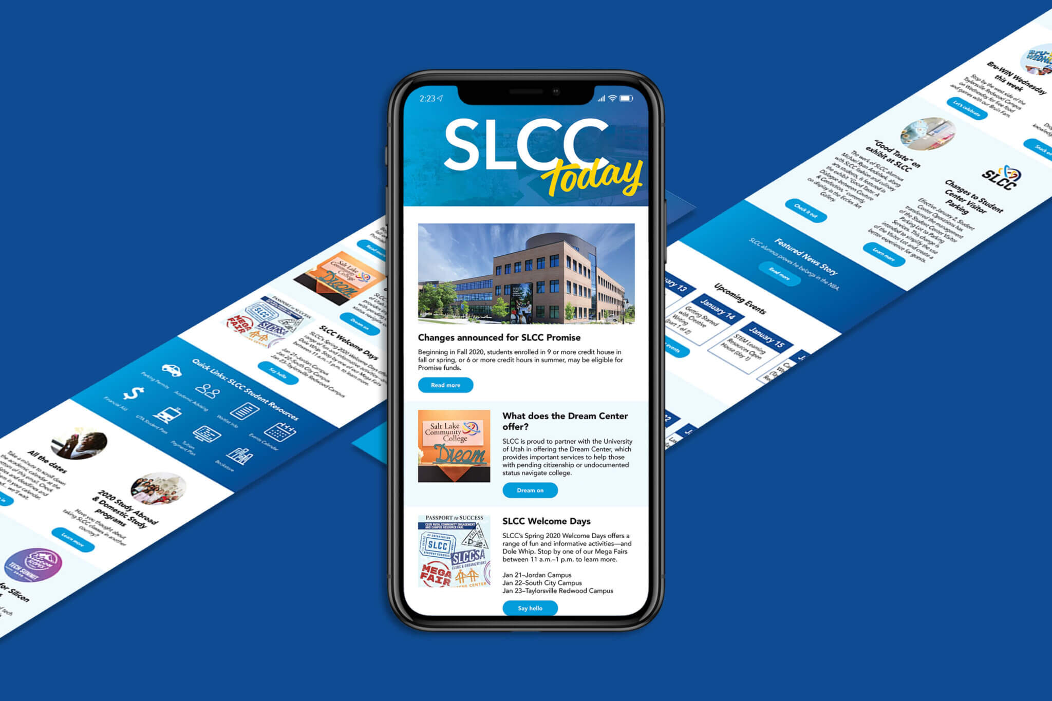 A mockup of an iPhone with the SLCC Today email newsletter on the screen