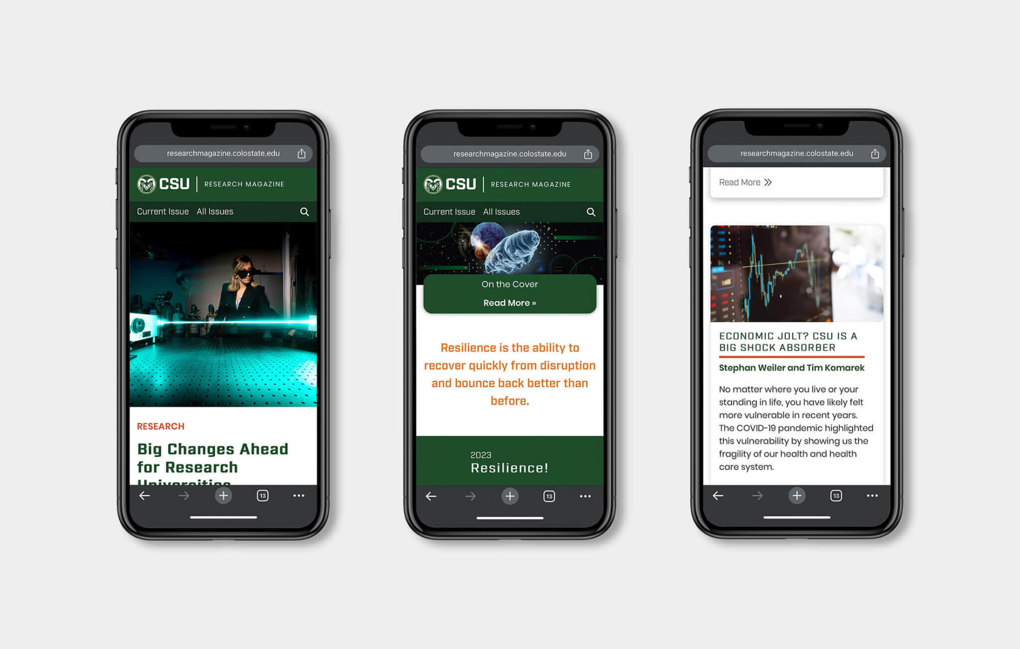 Three iPhones with RESEARCH Magazine webpages