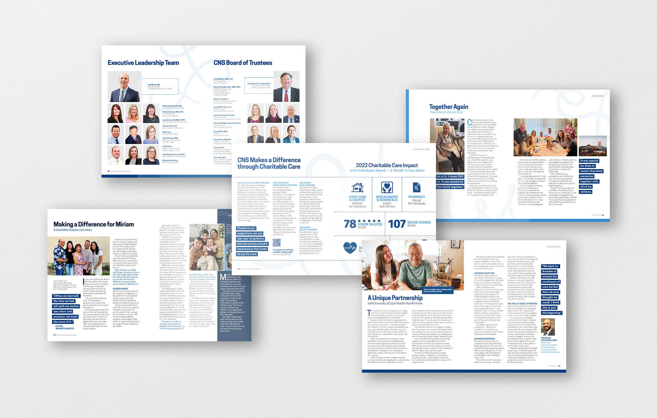 A mockup of five story spreads from the Community Nursing Services 2022-23 Annual Report