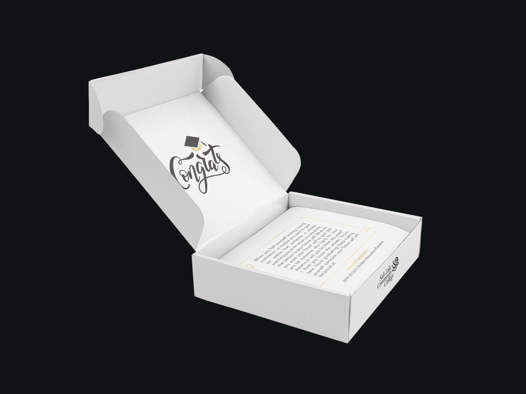 A mockup of a mailing box with "Congrats" on the inside lid and a letter inside