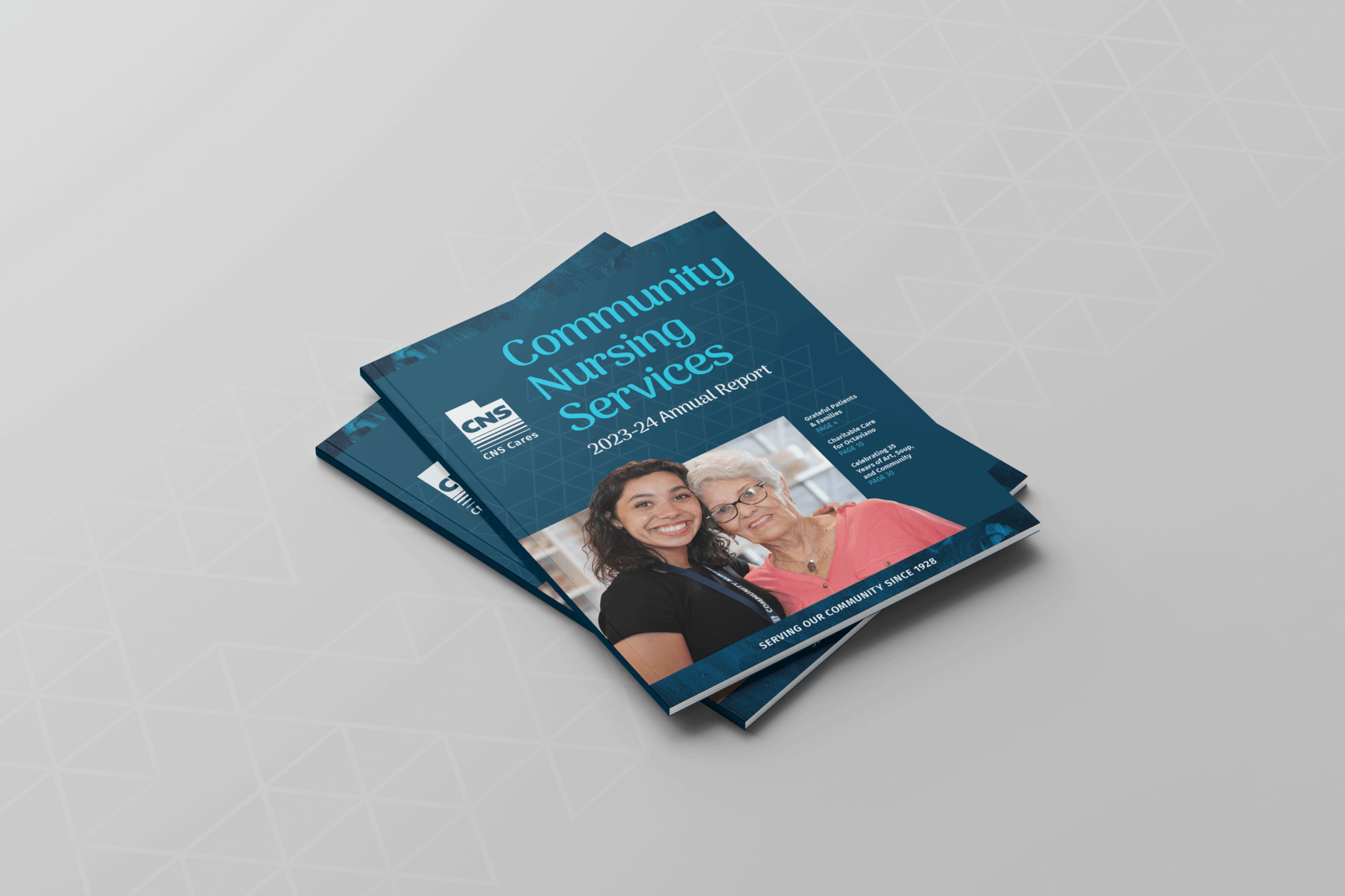 A mockup of a report cover with "Community Nursing Services" and a younger woman next to an older woman