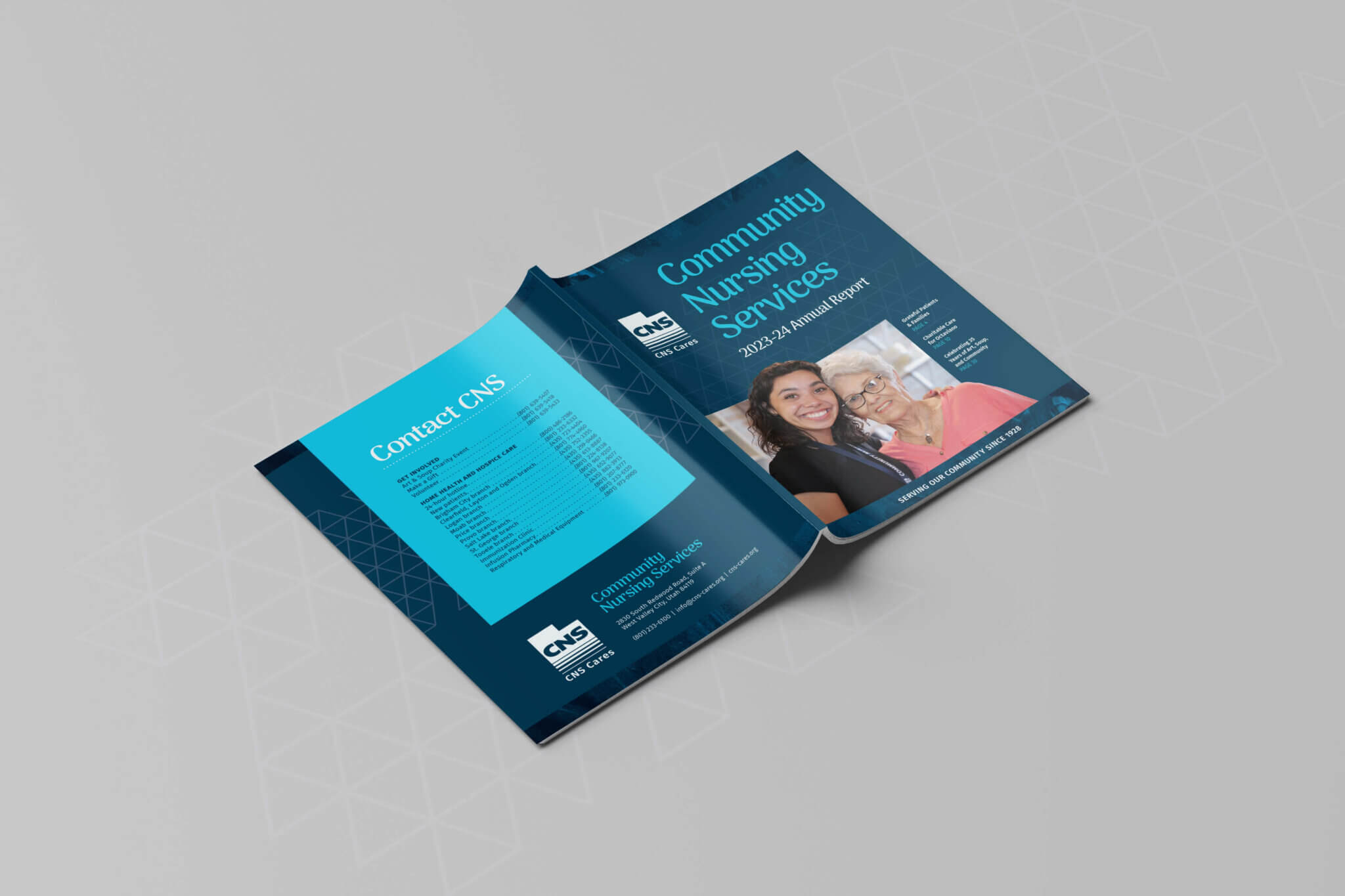 A mockup of the exterior covers of the Community Nursing Services 2023-24 Annual Report