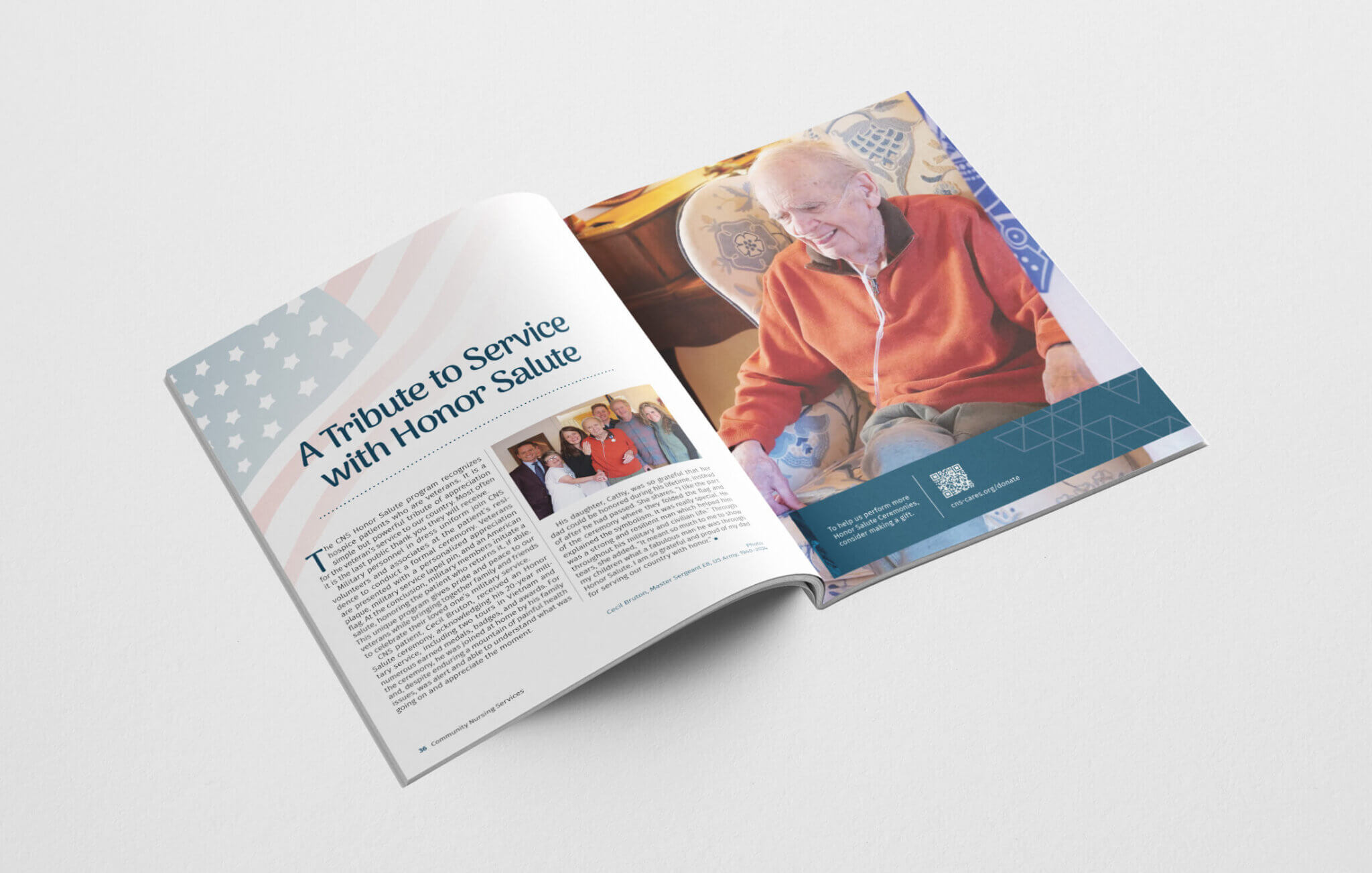 A mockup of the "A Tribute to Service with Honor Salute" spread in the Community Nursing Services 2023-24 Annual Report