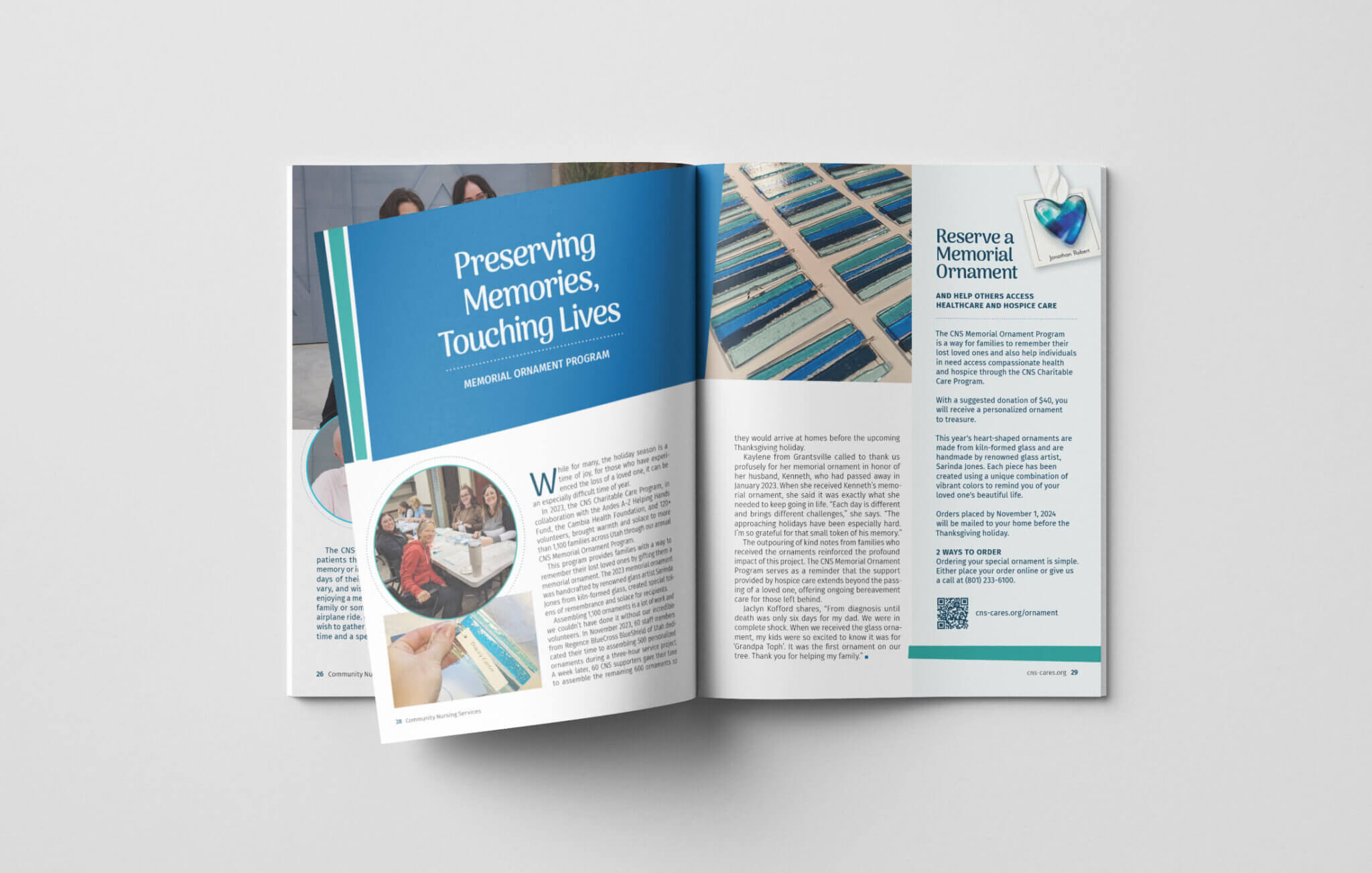 A mockup of the "Preserving Memories, Touching Lives" spread in the Community Nursing Services 2023-24 Annual Report