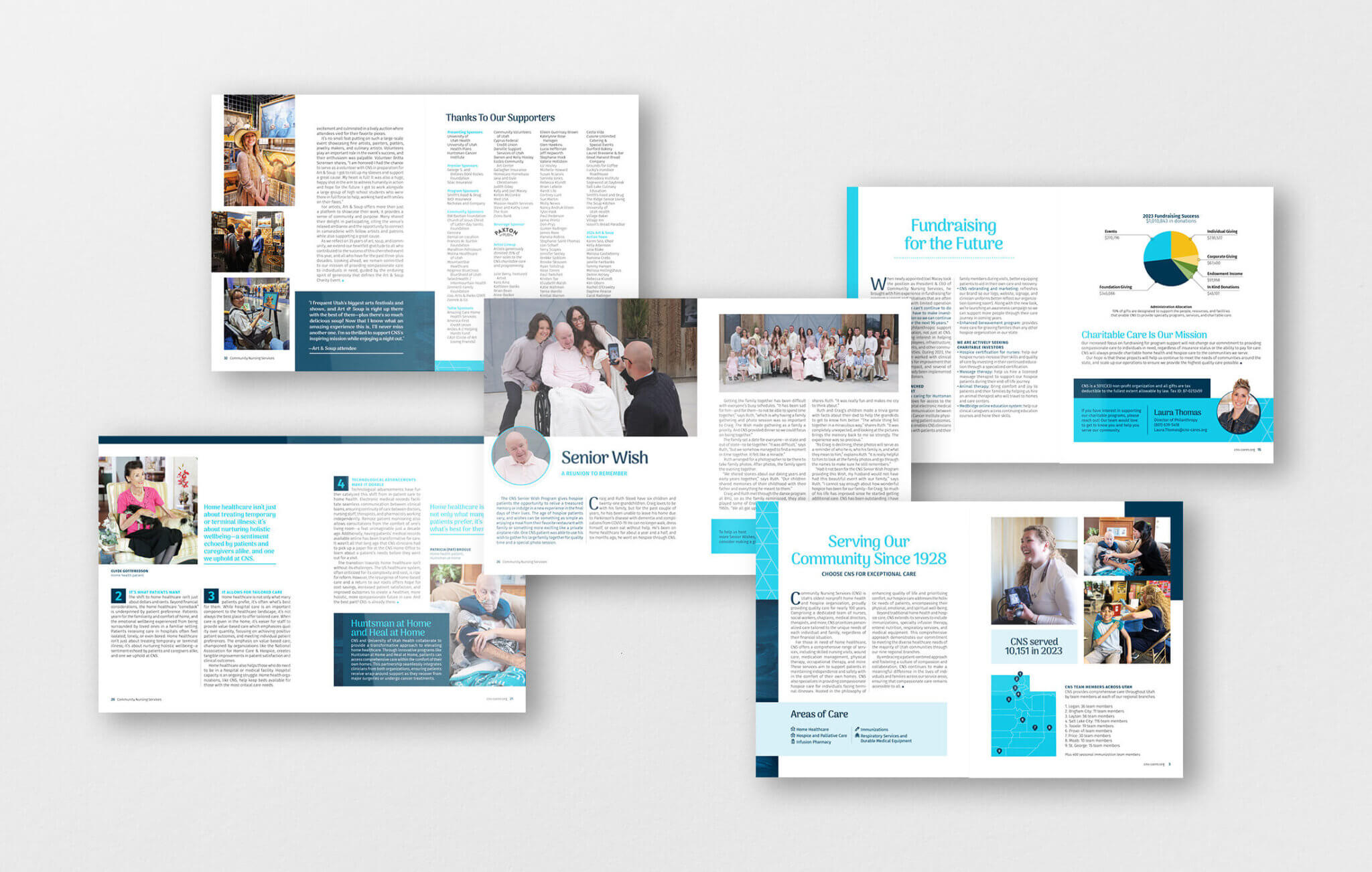 A mockup of five story spreads from the Community Nursing Services 2023-24 Annual Report