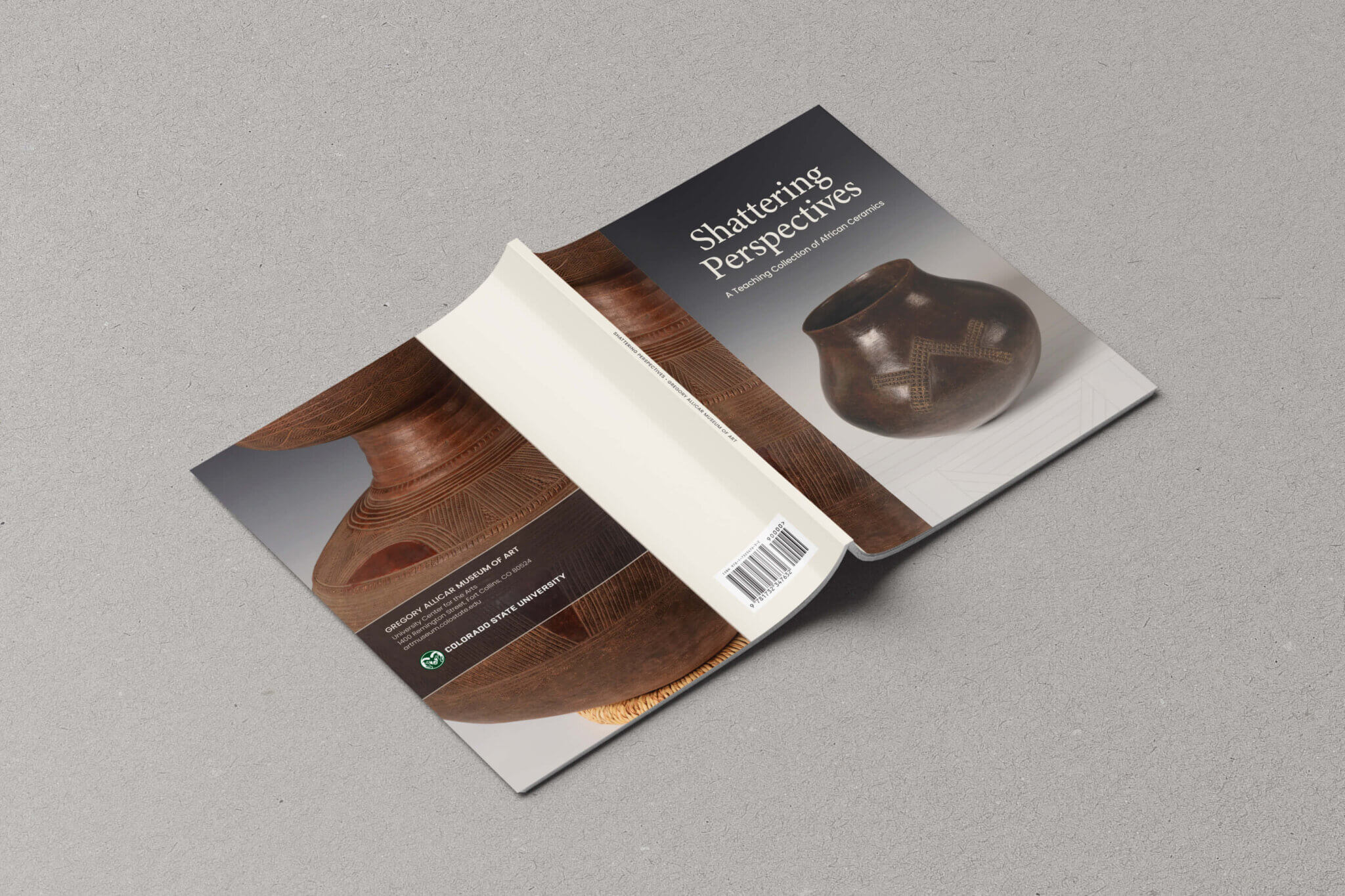 A mockup of the exterior covers of a Gregory Allicar Museum of Art catalogue titled, "Shattering Perspectives: A Teaching Collection of African Ceramics"