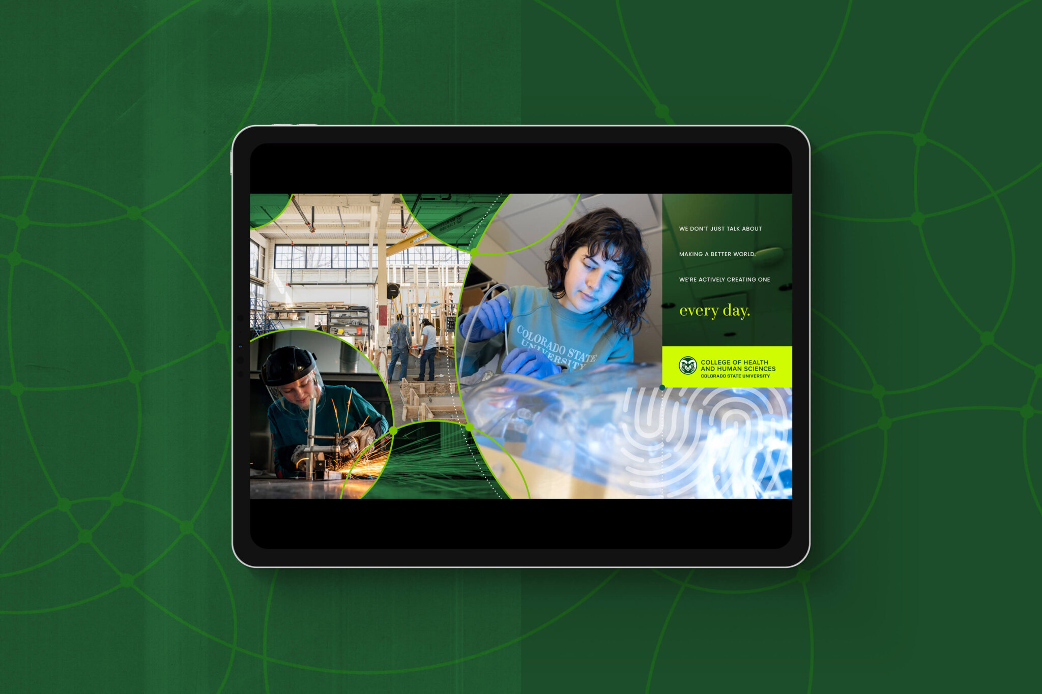 A mockup of an iPad with a graphic for the CHHS Visual Brand Language on the screen consisting of several photos in circles with the text "We don't just talk about making a better world. We're actively creating one every day."