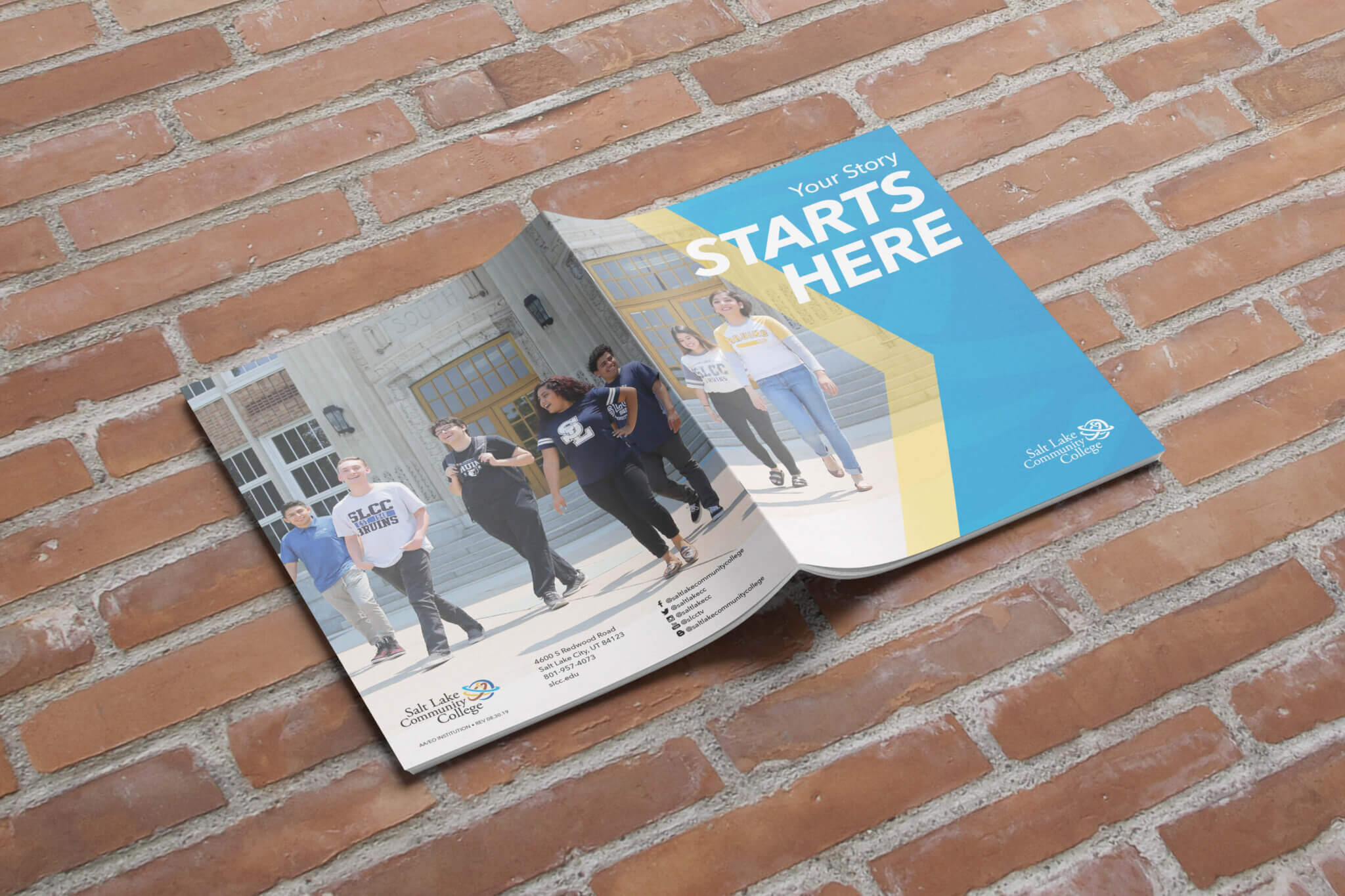 A mockup of the exterior covers of Salt Lake Community College's 2019 Viewbook, titled "Your Story Starts Here"