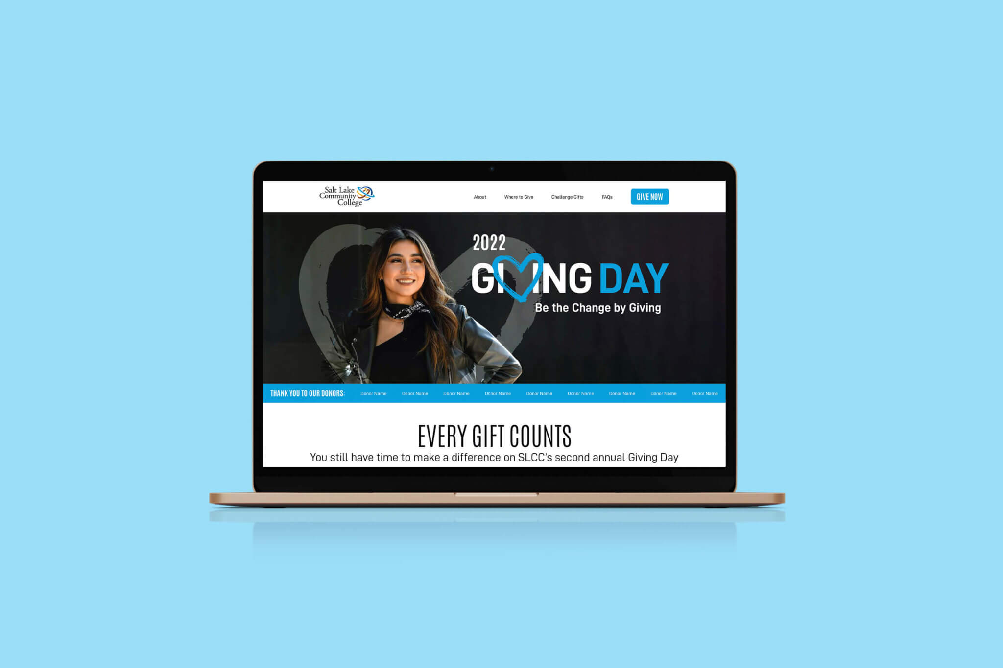 The 2022 Giving Day website homepage on a laptop screen