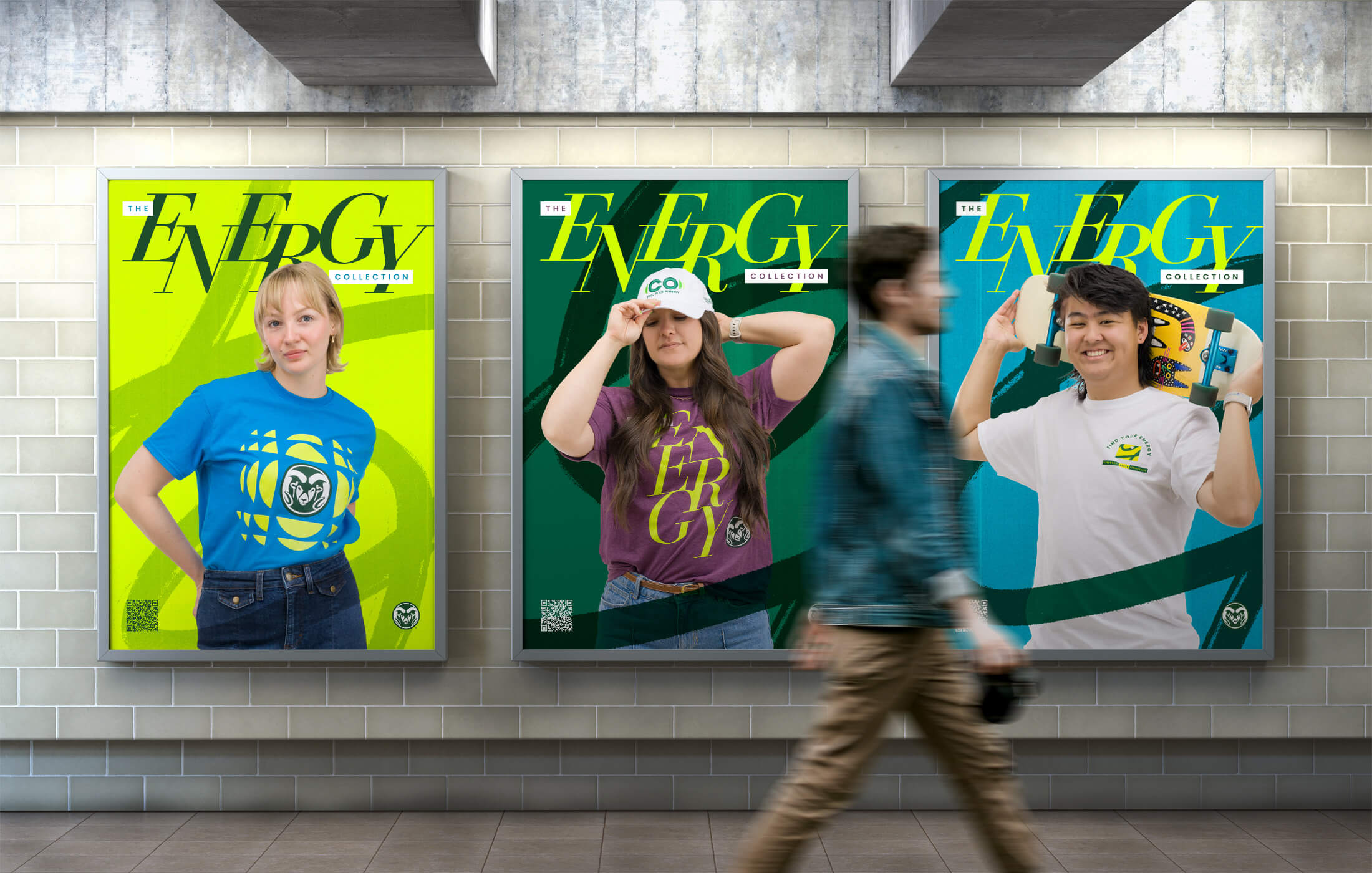 A mockup of three posters. Each poster has a person wearing branded apparel with a brushstroke swirling around them and the text "The Energy Collection" at the top