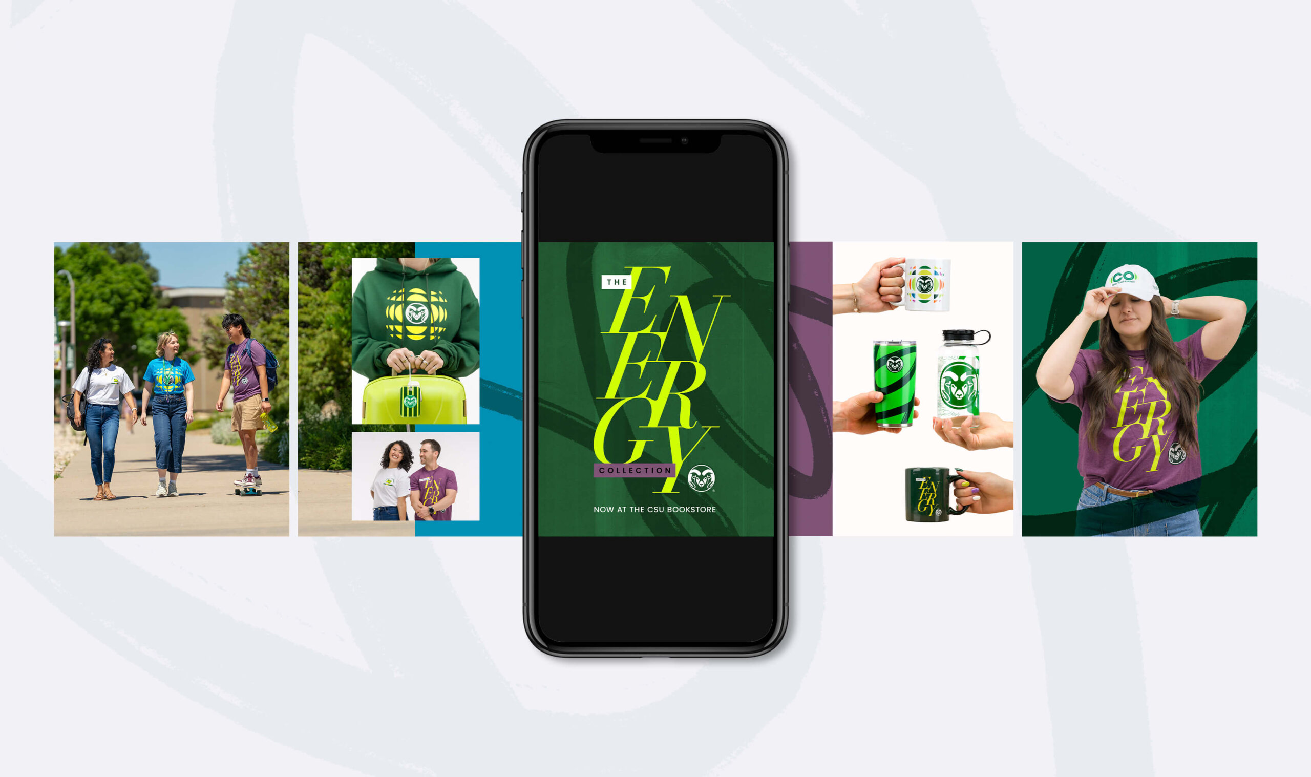 A mockup of a phone with five social images featuring apparel and merchandise from the Energy Collection